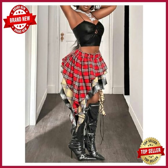 Y2K Streetwear Plaid Ruffle Mini Skirt A-Line Tiered Elastic Waist - Picture 5 of 6